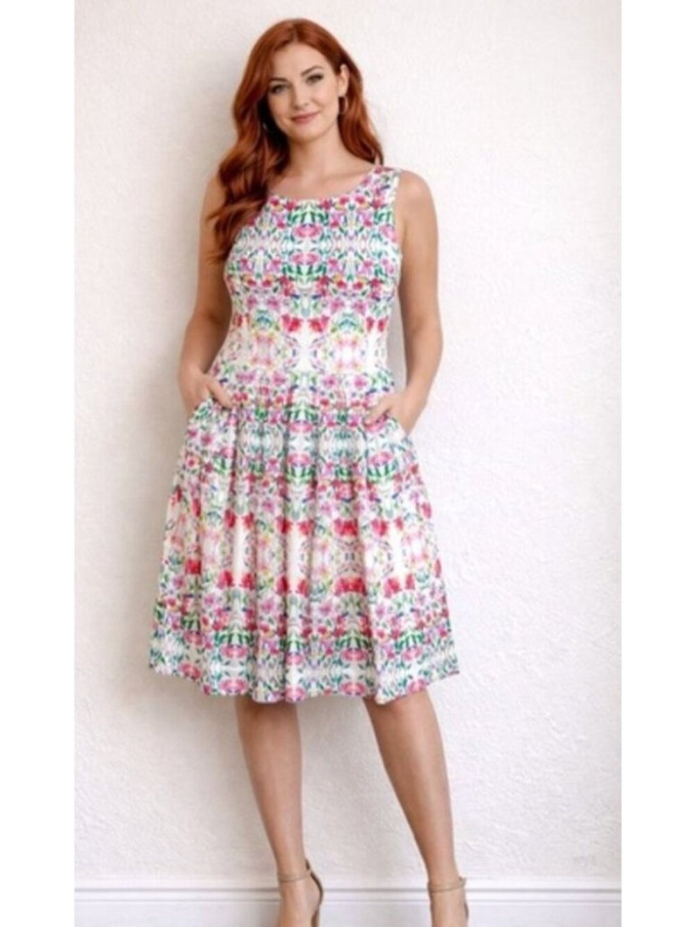 Talbots Women Vibrant Garden Floral Fit Flare Belted* Dress Size 8 White SP NWOT